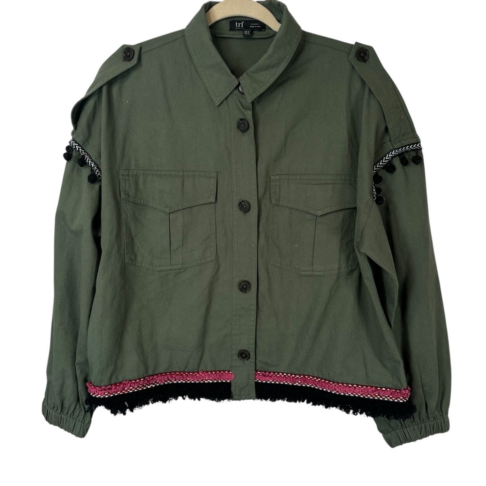 Zara Green Embroidered Jacket Tasseled Boho Style Size Med Fringe Softcore Chic